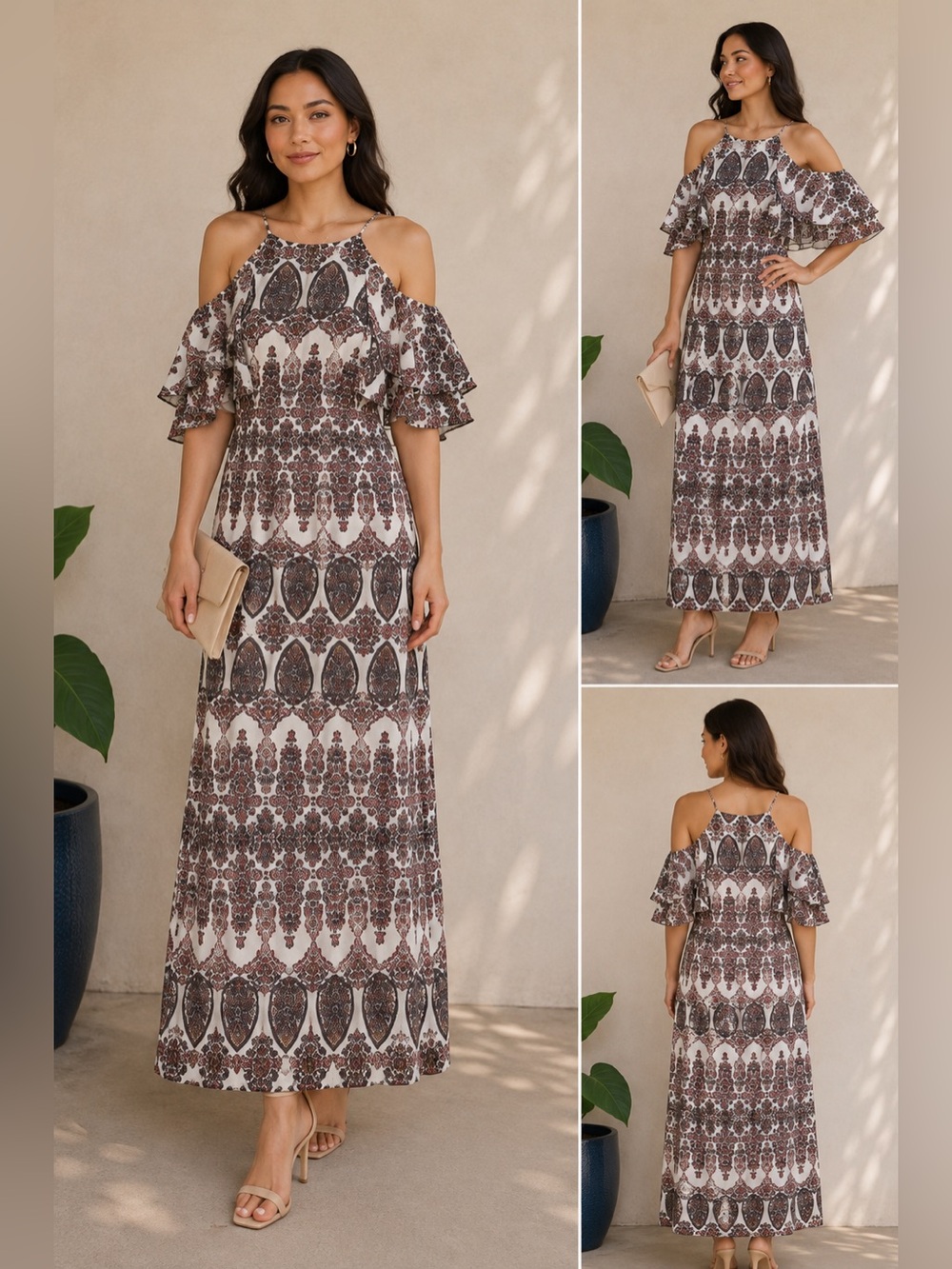 Banana Republic Y2K Paisley Cold Shoulder Ruffle Maxi Dress